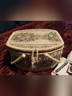 Vintage Floral Tapestry Wicker Sewing Basket Oval Box with Plastic Tray Handle